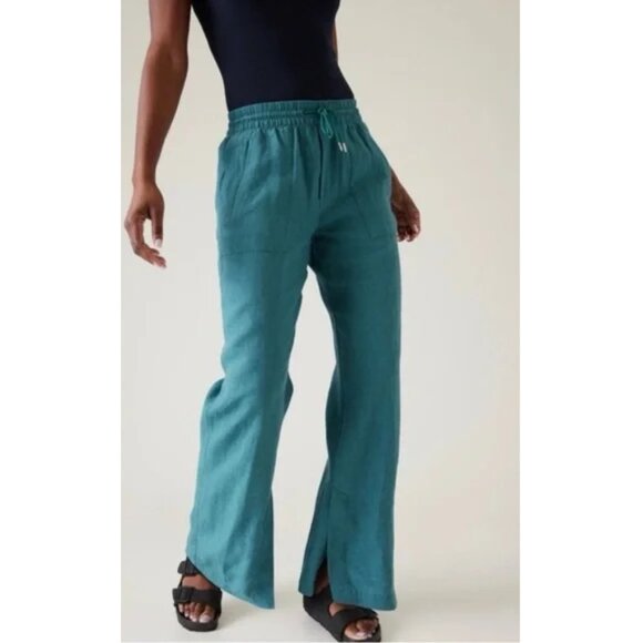 Athleta Retreat Teal Wide Leg Linen Pants Sz 12 - Picture 1 of 5